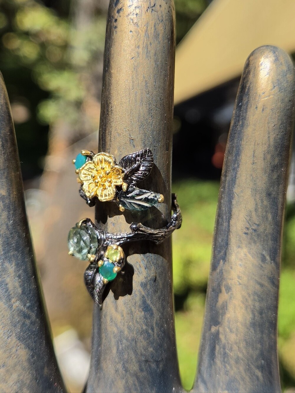 Tourmaline Peridot&Green Onyx Sterling Rhodium&Gold Floral Finger Cuff 6.25 - Picture 8 of 10